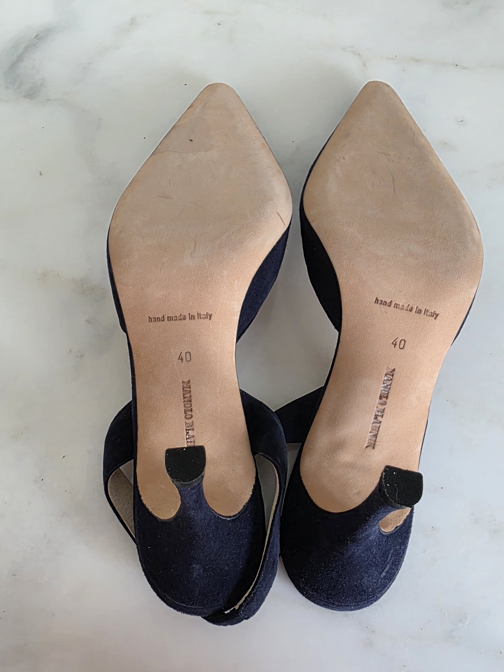 Manolo Blahnik Navy Suede Slingback Pumps Pointed Toe Size 40 - Picture 6 of 7